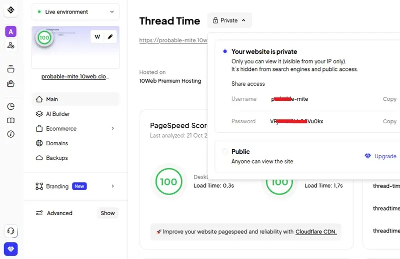 10web wordpress username password